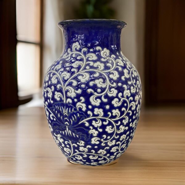 Peony Handpainted Vase - White on Blue
