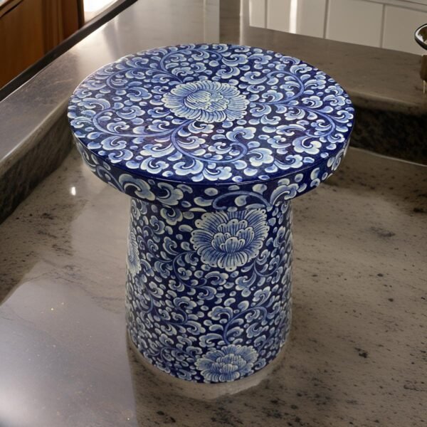 Hand painted Peony Blue and White Stool